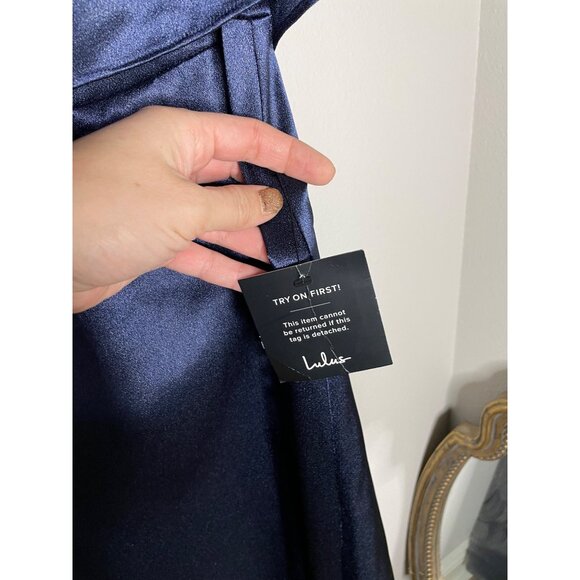 Lulus Pure Happiness Navy Blue Dress Size Small Satin Off-the-Shoulder Long New - Picture 9 of 12